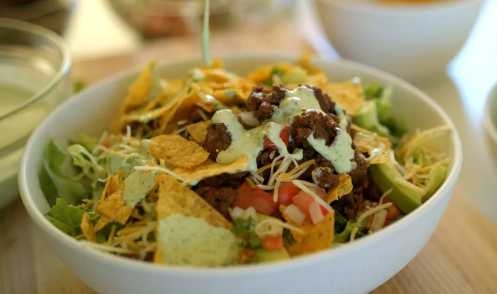 taco salad recipe in a large bowl with seasoned ground beef, romaine, avocado, black beans, corn, and cheddar cheese