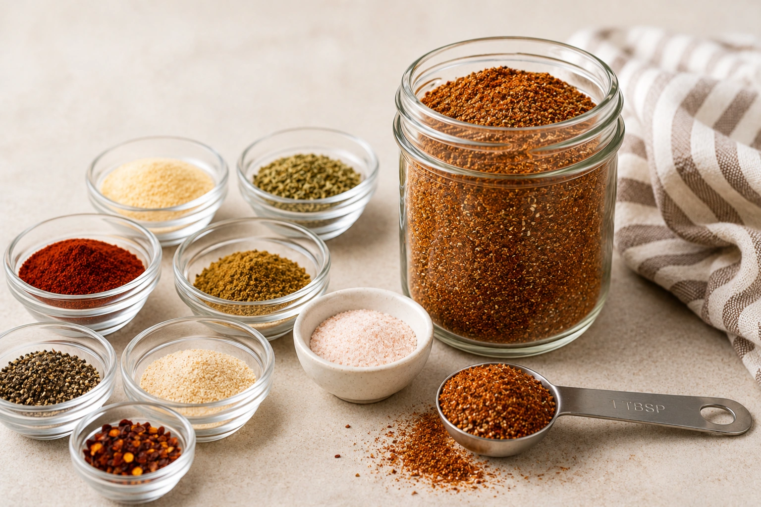 Low sodium taco seasoning mix recipe in small spice bowls