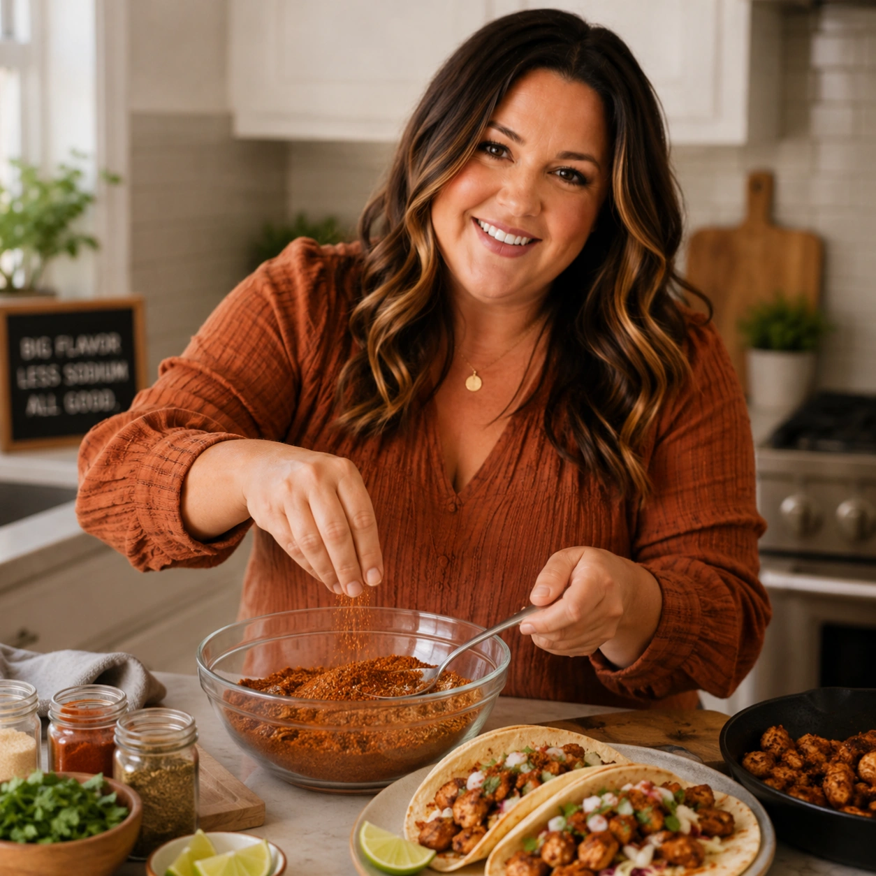 Low sodium taco seasoning mix recipe in small spice bowls