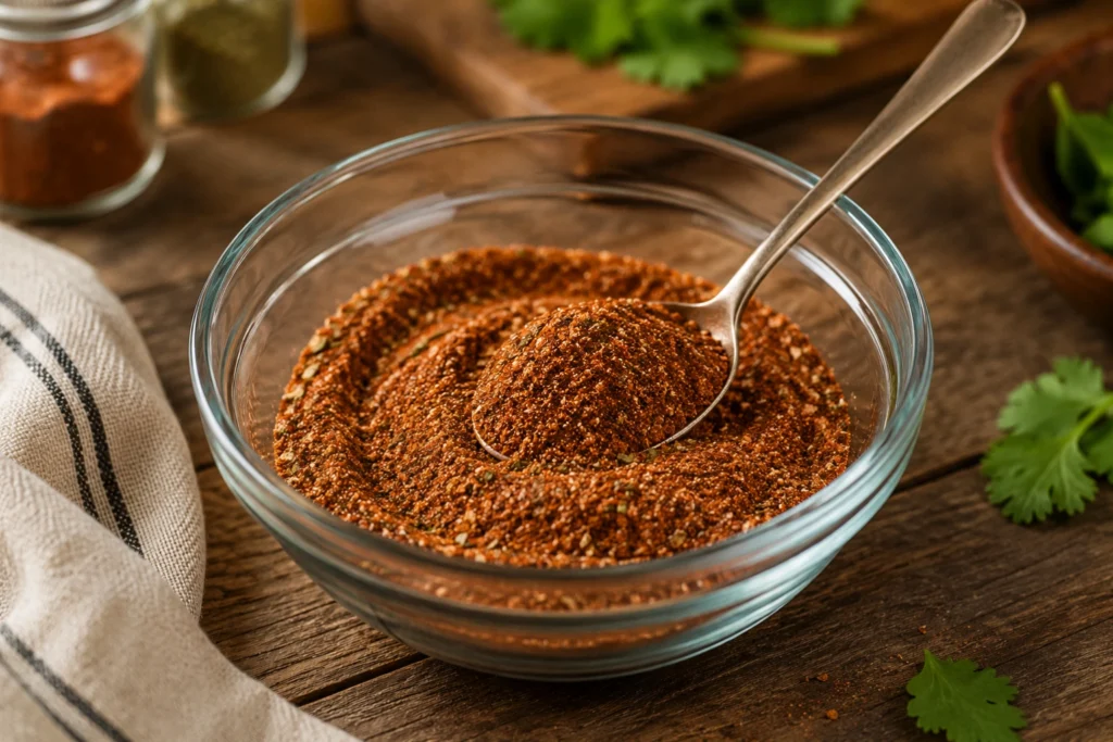 Low sodium taco seasoning mix recipe in small spice bowls