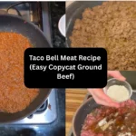 Collage showing seasoned ground beef cooking in a skillet for copycat Taco Bell meat