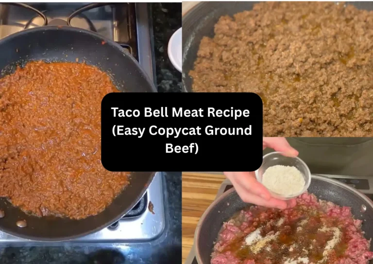 Collage showing seasoned ground beef cooking in a skillet for copycat Taco Bell meat